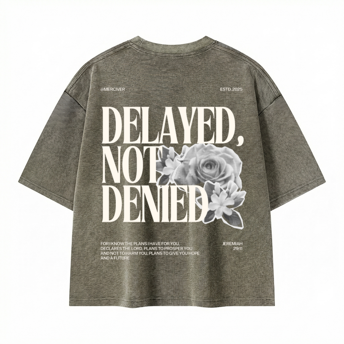 Delayed Not Denied Waffle Boxy Tee - Army Green - Back